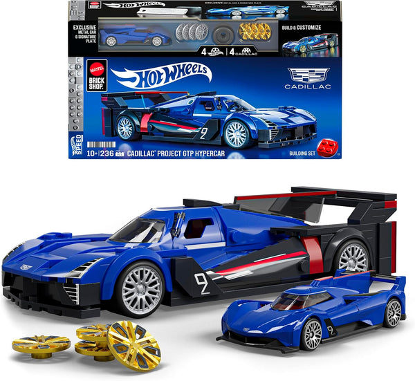 Hot Wheels Jogo de Construção Speed Cadillac Project GTP Hypercar em escala 1:32 com Placa de Coleção e 1 carrinho de metal Perfeito para colecionadores