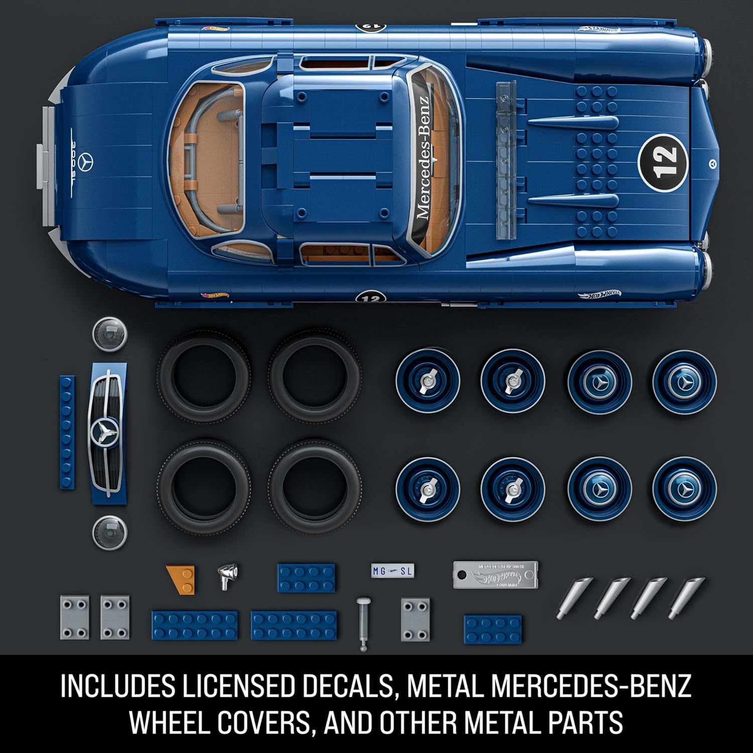 Hot Wheels Jogo de Construção Premium Mercedes Benz 300 SL modelo montável em escala 1:12 com Placa de Coleção e 1 carrinho de metal Perfeito para colecionadores