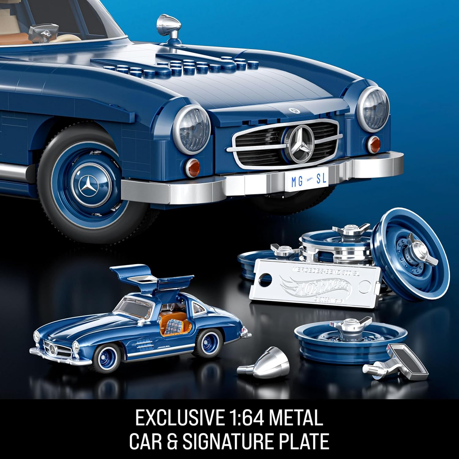Hot Wheels Jogo de Construção Premium Mercedes Benz 300 SL modelo montável em escala 1:12 com Placa de Coleção e 1 carrinho de metal Perfeito para colecionadores