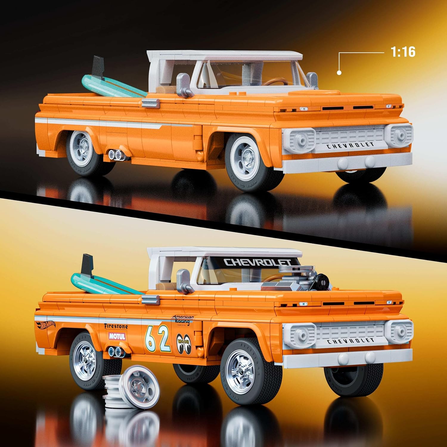 Hot Wheels Jogo de Construção Elite Custom Chevy Pickup em escala 1:16 com Placa de Coleção e 1 carrinho de metal Perfeito para colecionadores