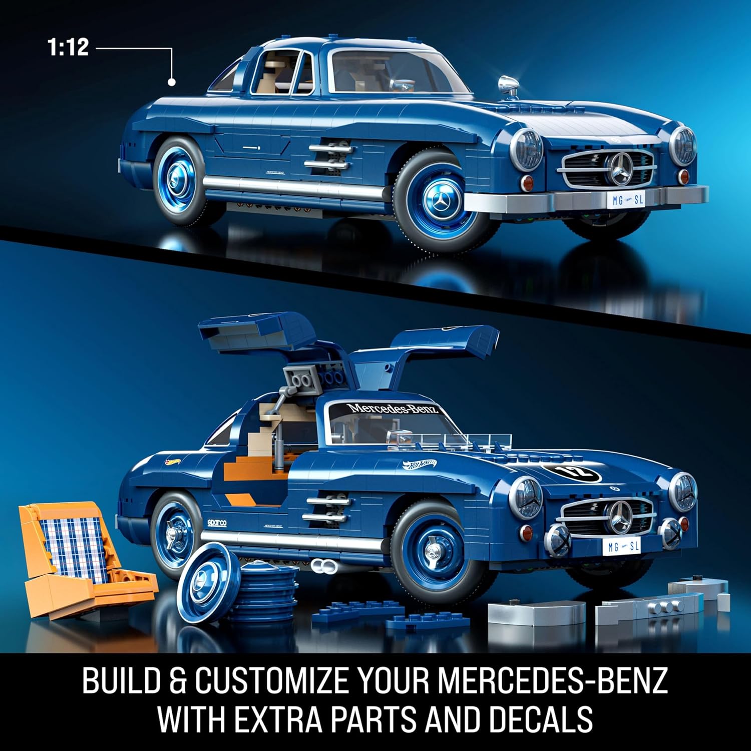 Hot Wheels Jogo de Construção Premium Mercedes Benz 300 SL modelo montável em escala 1:12 com Placa de Coleção e 1 carrinho de metal Perfeito para colecionadores