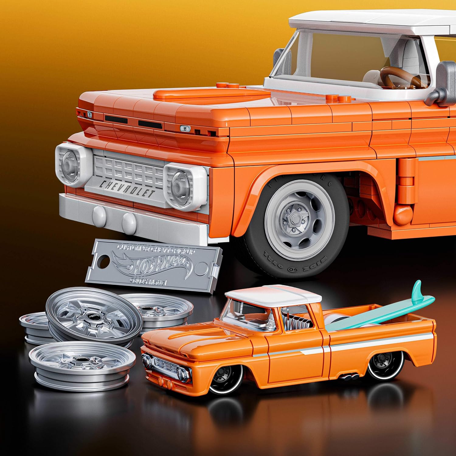 Hot Wheels Jogo de Construção Elite Custom Chevy Pickup em escala 1:16 com Placa de Coleção e 1 carrinho de metal Perfeito para colecionadores