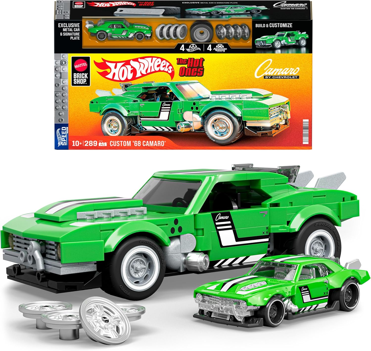 Hot Wheels Jogo de Construção Speed 68 Custom Camaro em escala 1:32 com Placa de Coleção e 1 carrinho de metal Perfeito para colecionadores