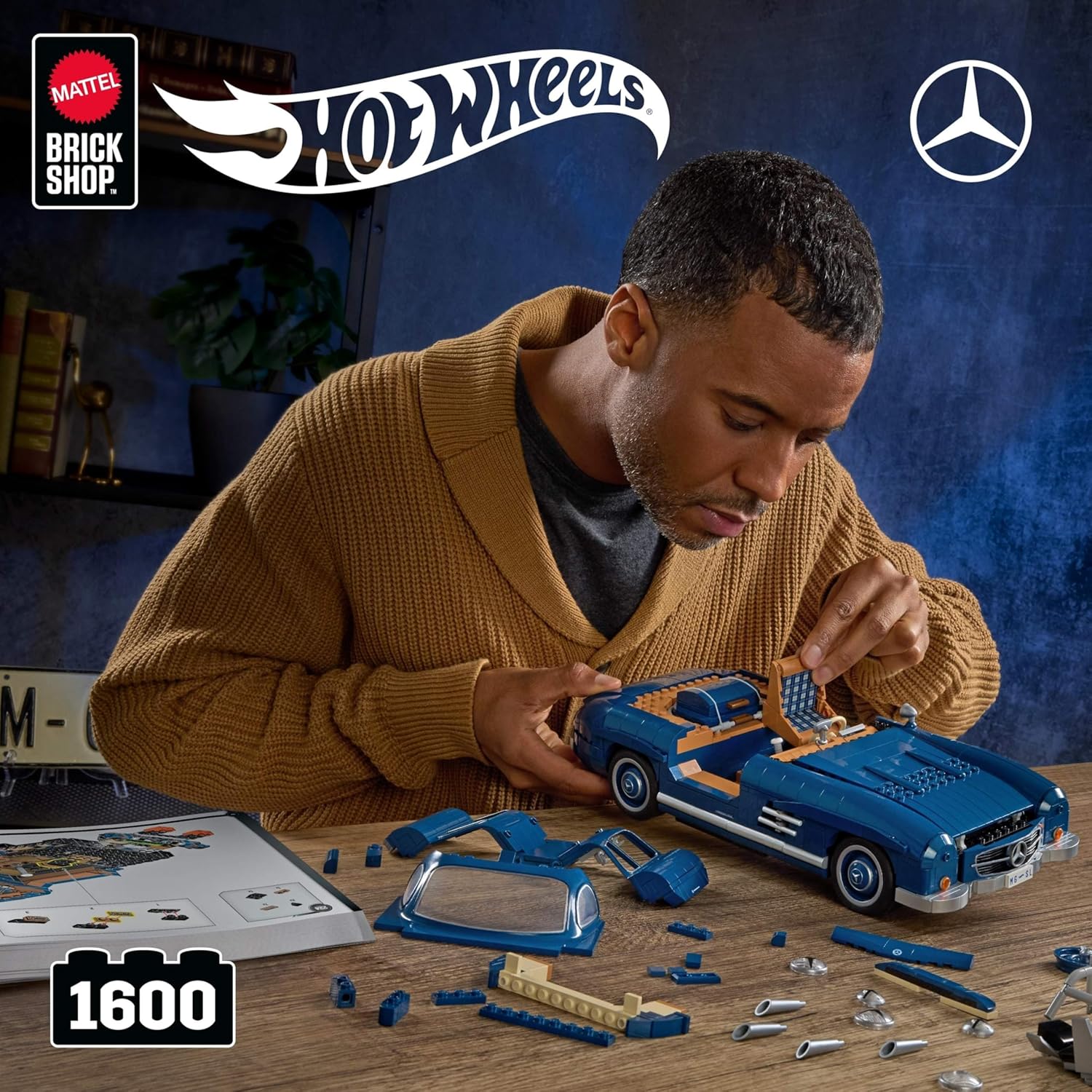 Hot Wheels Jogo de Construção Premium Mercedes Benz 300 SL modelo montável em escala 1:12 com Placa de Coleção e 1 carrinho de metal Perfeito para colecionadores